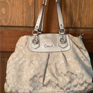 Coach Silver and Cream Jacquard Shoulder Bag